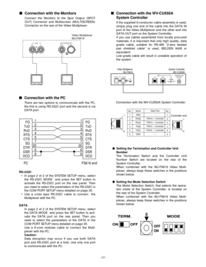 Page 19-17-
Connection with the Monitors
Connect the Monitors to the Spot Output (SPOT
OUT) Connector and Multiscreen (MULTISCREEN)
Connector on the rear of the Video Multiplexer.
Connection with the WV-CU550A
System Controller
If the supplied 6-conductor cable assembly is used,
simply plug one end of the cable into the DATA IN
port of the Video Multiplexer and the other end into
DATA OUT port on the System Controller.
If you use cables assembled from locally procured
materials, it is important that only high...
