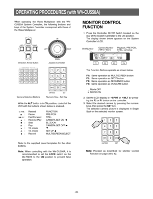 Page 51-49-
OPERATING PROCEDURES (with WV-CU550A)
Direction Arrow Button
LEFT
RIGHT UP
DOWNHOME/SET
Joystick Controller
LEFT RIGHTUP
DOWN
Camera Selection Buttons
4
8
12
16
3
7
11
15
2
6
10
14
1
5
9
13
CAMERA/PRESET   POSITION
Numeric Key + Set Key
123
456
789
MON CAM
UNIT/ESC0
SET
F3F4F2F1
U01   C01_MLT ∗SPOT _ SEQ _VCR
123
456
789
MO N C A M
UNIT/ESC SET0
When operating the Video Multiplexer with the WV-
CU550A System Controller, the following buttons and
keys of the System Controller correspond with those...