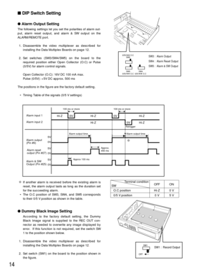 Page 1414
CIf another alarm is received before the existing alarm is
reset, the alarm output lasts as long as the duration set
for the succeeding alarm.
• The O.C position of SW3, SW4, and SW5 corresponds
to their 0/5 V position as shown in the table.
Dummy Black Image Setting
According to the factory default setting, the Dummy
Black Image signal is supplied to the REC OUT con-
nector as needed to overwrite any image displayed by
error.  If this function is not required, set the switch SW
1 to the position...