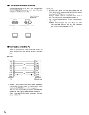 Page 1919
DATA port
• In page 2 of 2 of the SYSTEM SETUP menu, set the
DATA MODE to PC and press the [SET UP/ESC] button
to activate the DATA port on the rear panel.
Then you need to select the parameters of the DATA in
the COM PORT SETUP menu detailed on page 42.
• Use a 6-core modular cable to connect the multiplexer
with the PC.
Caution:Data disruption may occur if you use both
DATA port and RS-232C port at a time. Use only
one port to communicate with the PC.
Connection with the Monitors
Connect the...