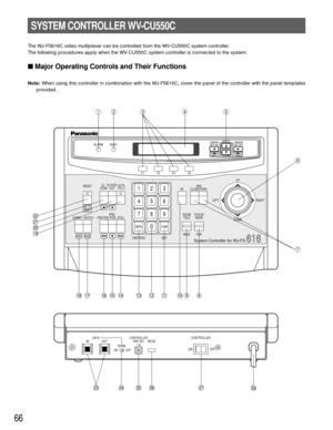 Page 6566
The WJ-FS616C video multiplexer can be controlled from the WV-CU550C system controller.
The following procedures apply when the WV-CU550C system controller is connected to the system.
Major Operating Controls and Their Functions
Note:When using this controller in combination with the WJ-FS616C, cover the panel of the controller with the panel templates
provided.
SYSTEM CONTROLLER WV-CU550C
123
456
789
MON CAM
UNIT/ESC0
RESETEL-
ZOOMMULTISCREEN
SELECT
FUNCTIONPRE-
POSI STILL
HOME/–  AUTO/+CLOSE...