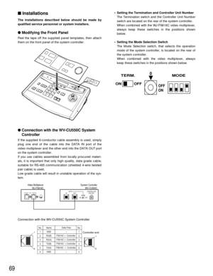 Page 6869
Installations
The installations described below should be made by
qualified service personnel or system installers.
Modifying the Front Panel
Peel the tape off the supplied panel templates, then attach
them on the front panel of the system controller.
Connection with the WV-CU550C System
Controller
If the supplied 6-conductor cable assembly is used, simply
plug one end of the cable into the DATA IN port of the
video multiplexer and the other end into the DATA OUT port
on the system controller.
If...