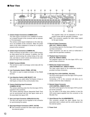 Page 1010
$1Camera Output Connectors (CAMERA OUT)
The video signal connected to the CAMERA IN connec-
tor is looped through to this connector with an automat-
ic 75 Ωtermination.
The camera control signal multiplexed on the video sig-
nal is not available at this connector. When the power
switch of the video multiplexer is turned off, no signal is
present at this connector.
$2
2Camera Input Connectors (CAMERA IN)
These connectors accept either a color or B/W compos-
ite video signal from the cameras. In...