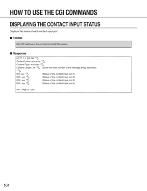 Page 104104
DISPLAYING THE CONTACT INPUT STATUS
Displays the status of each contact input port.
■Format
■Response
HTTP /1.1 200 OK  CR
LF
Cache-Control: no-cache  CR
LF
Content-Type: text/plain  CR
LF
Content-Length: XX  CR
LF(Store the octet number of the Message-Body decimally)
CR
LF
DI1: xxx  CR
LF(Status of the contact input port 1)
DI2
: xxx  CR
LF(Status of the contact input port 2)
DI3
: xxx  CR
LF(Status of the contact input port 3)
DI4
: xxx  CR
LF(Status of the contact input port 4)
(xxx
: High or...