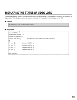 Page 105105
DISPLAYING THE STATUS OF VIDEO LOSS
Displays the receiving status of the video sync signals from camera or the VTR connected to the VIDEO IN connector of
the encoder. When the power of the camera connected with the video cable is off, the status will be OFF.
■Format
■Response
HTTP /1.1 200 OK  CR
LF
Cache-Control: no-cache  CR
LF
Content-Type: text/plain  CR
LF
Content-Length: XX  CR
LF(Store the octet number of the Message-Body decimally)
CR
LF
VI1: xxx  CR
LF(Status of VIDEO IN 1)
VI2
: xxx  CR...