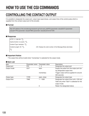 Page 108108
CONTROLLING THE CONTACT OUTPUT
It is possible to designate the output port, output type (open/close), and output time of the control pulse which is
supplied from the contact output port of the encoder.
■Format
■Response
■Important Notice
•The output time will be invalid when "momentary" is selected for the output mode.
■Item List
Item Parameter name Parameter value Description
Output port PIO 1 - 4 Designate the output port
Output mode OUT latch Supply the pulse from the output port dur-
ing...