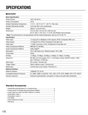 Page 116SPECIFICATIONS
ENCODER
Basic Specification
Power Source 120 V AC 60 Hz
Power Consumption 23 W
Ambient Operating Temperature–10 °C - +50 °C (14 °F - 122 °F) * See note.
Ambient Operating Humidity Less than 90% (non-condensing)
Weight  Approx. 2.9 kg (6.4 lbs.)
Dimensions 210 mm (W) x 44 mm (H) x 300 mm (D)
[8-1/4 (W) x 1-3/4 (H) x 11-13/16 (D)] (Rubber feet excluded)
*Note:The performance is not guaranteed until the inside temperature rises up to 0°C (32 °F).
Input/Output
Video Input 1.0 V[p-p]/75...