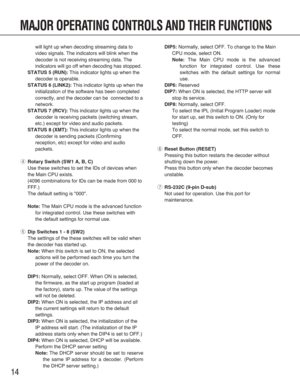 Page 1414
will light up when decoding streaming data to
video signals. The indicators will blink when the
decoder is not receiving streaming data. The
indicators will go off when decoding has stopped.
STATUS 5 (RUN):This indicator lights up when the
decoder is operable. 
STATUS 6 (LINK2): This indicator lights up when the
initialization of the software has been completed
correctly, and the decoder can be  connected to a
network.
STATUS 7 (RCV): This indicator lights up when the
decoder is receiving packets...