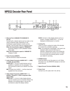 Page 1515
qEthernet Port (100BASE-TX/1000BASE-T) 
(RJ-45)
Connect with a network device such as router or hub
using an Ethernet cable. Depending on the
transmission speed between a device and the
decoder, use the proper cable as suggested below.
When the transmission speed is 1000BASE-T
Enhanced category 5 (STP (Shielded Twisted
Pair)) cable.
When the transmission speed is 100BASE-TX
Category 5 cable.
wReset Terminal (RESET)
Use this terminal to restart the decoder.
eAudio Output Connector (AUDIO OUT 1 - 4,...