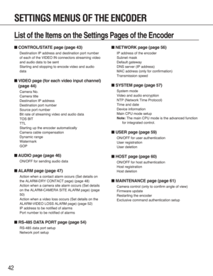 Page 4242
■CONTROL/STATE page (page 43)
Destination IP address and destination port number
of each of the VIDEO IN connectors streaming video
and audio data to be sent 
Starting and stopping to encode video and audio
data
■VIDEO page (for each video input channel)
(page 44)
Camera No.
Camera title
Destination IP address
Destination port number
Source port number
Bit rate of streaming video and audio data
TOS BIT
TTL
Starting up the encoder automatically
Camera cable compensation
Dynamic range
Watermark
GOP...