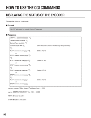 Page 9696
DISPLAYING THE STATUS OF THE ENCODER
Displays the status of the encoder.
■Format
■Response
xxx.xxx.xxx.xxx: Video stream IP address (xxx: 0 - 255)
yyyyy: DESTINATION PORT No. (1024 - 65535)
PLAY: Encoder is active
STOP: Enoder is not active
HTTP /1.1 XXXXXXXXXXXXX  CR
LF
Cache-Control: no-cache  CR
LF
Content-Type: text/plain  CR
LF
Content-Length: XX  CR
LF(Store the octet number of the Message-Body decimally)
CR
LF
PLAY1:xxx.xxx.xxx.xxx:yyyyy  CR
LF(Status of CH1)
or
STOP1:xxx.xxx.xxx.xxx:yyyyy...