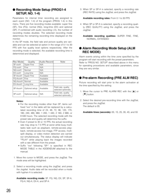 Page 2626
Recording Mode Setup (PROG1-4
SETUP, NO. 1-4)
Parameters for internal timer recording are assigned to
each event (NO. 1-4) of the program (PROG 1-4) in this
menu. There are five recording modes available: super fine
(SF), fine (FQ), normal (NQ), long-time (EX) and optional
(SP). If combined with audio recording (-A), the number of
recording modes doubles. The selected recording mode
determines the remaining recording time displayed on the
monitor.
In the SP mode, the field rate and picture quality...