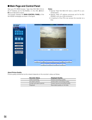 Page 5656
Main Page and Control Panel
Start your PC WWW browser. Type http://192.168.0.10/ (or
the IP Address set for WJ-HD200) / in the URL (
Uniform
Resource Locators) space.
The browser displays the 
MAIN CONTROL PANELof the
WJ-HD200 homepage as shown in the figure.
Notes:
•Specify http//:192.168.0.10/ when a client PC is con-
nected alone.
•Specify http//: (IP address previously set for the WJ-
HD200)/ such as a LAN connection.
•A maximum of four PCs can access the recorder at a
time.
About Picture...