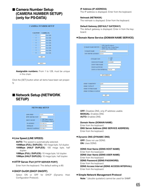 Page 6565
IP Address (IP ADDRESS) 
The IP address is displayed. Enter from the keyboard.
Netmask (NETMASK)
The netmask is displayed. Enter from the keyboard.
Default Gateway (DEFAULT GATEWAY) 
The default gateway is displayed. Enter in from the key-
board.
8Domain Name Service (DOMAIN NAME SERVICE)
OFF:Disables DNS, only IP address usable.
MANUAL:Enables DNS.
AUTO:Enables DNS.
Domain Name (DOMAIN NAME)
Enter from the keyboard.
DNS Server Address (DNS SERVICE ADDRESS)
Enter from the keyboard.
8Dynamic DNS...