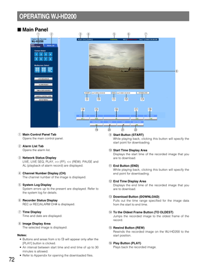 Page 7272
qMain Control Panel Tab
Opens the main control panel.
wAlarm List Tab
Opens the alarm list. 
eNetwork Status Display
LIVE, LIVE SEQ, PLAY, >> (FF), 