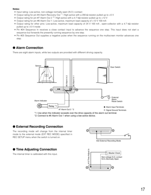 Page 1717
Notes:
• Input rating: Low-active, non-voltage normally open (N.O.) contact
• Output rating for pin #4 Alarm Recovery Out 
*1: High-active with a 200 Ωresistor pulled up to +5 V
• Output rating for pin #7 Alarm Out 2 *2: High-active with a 4.7 kΩresistor pulled up to +12 V
• Output rating for pin #6 Alarm Out 1: Low-active, maximum load capacity of +12 V 100 mA
• Output rating for other pins: Low-active, maximum load capacity of 24 V 100 mA , open-collector with a 4.7 kΩresistor
pulled up to +5 V...