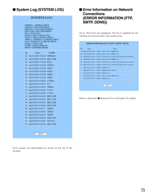 Page 7373
System Log (SYSTEM LOG)
Error causes are abbreviated as shown at the top of the
window.
Error Information on Network
Connections 
(ERROR INFORMATION (FTP,
SMTP, DDNS))
Up to 100 errors are displayed. The list is updated by dis-
carding old records when new events arise. 
Refer to Appendix Network Error Information for details. 