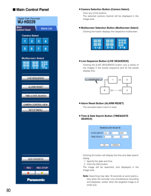 Page 8080
Main Control Panel8Camera Selection Button (Camera Select) 
Click any of the buttons. 
The selected camera channel will be displayed in the
image area.
8Multiscreen Selection Button (Multiscreen Select)
Clicking the button displays the respective multiscreen.
8Live Sequence Button (LIVE SEQUENCE)
Clicking the [LIVE SEQUENCE] button runs a series of
live images in the preset sequence and for the preset
display time.
8Alarm Reset Button (ALARM RESET)
The activated alarm event is reset.
8Time & Date...