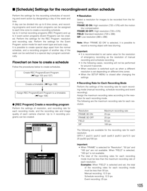 Page 105105
Perform the settings for the recording schedules of record-
ing and event action by designating a day of the week and
time.
A day can be divided into up to 6 time zones, and record-
ing programs and event action programs can be assigned
to each time zone to create a recording schedule.
Up to 4 normal recording programs (REC Program) and up
to 4 event action programs (Event Program) can be creat-
ed. Perform the settings for the REC Program: resolution
and recording rate. Perform the settings for the...