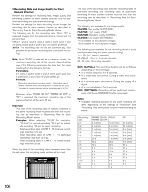 Page 106106
8Recording Rate and Image Quality for Each
Camera Channel
Perform the settings for recording rate, image quality and
recording duration for each camera channel (only for pre-
event recording and post-event recording).
Perform the settings for each recording mode. Assign the
recording rate for each camera channel as described in
Recording Rate for Each Recording Mode above. 
The following are for the recording rate. When OFF is
selected, images from the selected camera channel will not
be recorded....