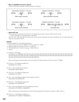 Page 142142
•When an ANSWER command is required
The unit sends back the status or data, as shown in the figure.
•About ACK code
After receiving a command from the PC, the unit sends back the ACK code to the PC in 20 ms or less.
[ACK] = Reception succeeded (ASCII code: 06H)
After the ACK code has been sent back and the command processing has been completed, the unit sends back the
response command to the PC.
Example:
These are examples for the following operations.
1. Login with the user name of ADMIN and with...