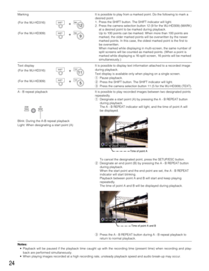 Page 2424
Marking It is possible to play from a marked point. Do the following to mark a
desired point.
1. Press the SHIFT button. The SHIFT indicator will light.
2. Press the camera selection button 12 (9 for the WJ-HD309) (MARK)
at a desired point to be marked during playback.
Up to 100 points can be marked. When more than 100 points are
marked, the older marked points will be overwritten by the newer
marked points. In this case, the oldest marked point is the first to
be overwritten.
When marked while...