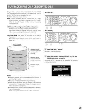 Page 2525
Images from a camera will be recorded on the built-in hard
disk or external recording devices (DVD-RAM drive, DVD-R
drive or CD-R drive) connected to this unit.
Available disk areas are as follows.
Note:External recording devices can be used as a copy
area for images recorded on the hard disk. It is impos-
sible to record images on the external recording
devices directly.
HDD Normal Recording Area/Event Recording Area:
Disk space for recording on the built-in hard disk
Recorded images by manual...