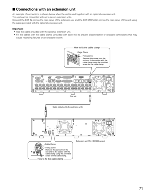 Page 7171
 Connections with an extension unit
An example of connections is shown below when the unit is used together with an optional extension unit.
This unit can be connected with up to seven extension units.
Connect the EXT IN port on the rear panel of the extension unit and the EXT STORAGE port on the rear panel of this unit using
the cable provided with the optional extension unit.
Important:
•Use the cable provided with the optional extension unit.
•Fix the cables with the cable clamp (provided with...