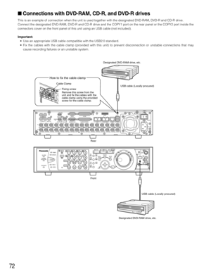 Page 7272
 Connections with DVD-RAM, CD-R, and DVD-R drives
This is an example of connection when the unit is used together with the designated DVD-RAM, DVD-R and CD-R drive.
Connect the designated DVD-RAM, DVD-R and CD-R drive and the COPY1 port on the rear panel or the COPY2 port inside the
connectors cover on the front panel of this unit using an USB cable (not included).
Important:
•Use an appropriate USB cable compatible with the USB2.0 standard.
•Fix the cables with the cable clamp (provided with this...