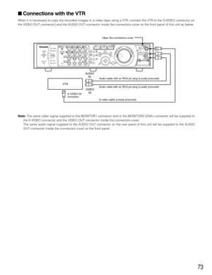 Page 7373
 Connections with the VTR
When it is necessary to copy the recorded images to a video tape using a VTR, connect the VTR to the S-VIDEO connector (or
the VIDEO OUT connector) and the AUDIO OUT connector inside the connectors cover on the front panel of this unit as below.
Note:The same video signal supplied to the MONITOR1 connector and to the MONITOR2 (VGA) connector will be supplied to
the S-VIDEO connector and the VIDEO OUT connector inside the connectors cover.
The same audio signal supplied to...