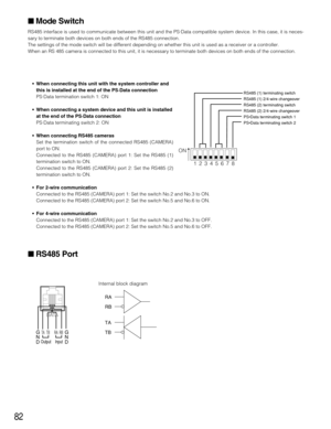 Page 8282
 Mode Switch
RS485 interface is used to communicate between this unit and the PS·Data compatible system device. In this case, it is neces-
sary to terminate both devices on both ends of the RS485 connection.
The settings of the mode switch will be different depending on whether this unit is used as a receiver or a controller.
When an RS 485 camera is connected to this unit, it is necessary to terminate both devices on both ends of the connection.
•When connecting this unit with the system controller...