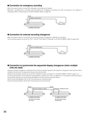 Page 8484
 Connection for emergency recording
When the external switch is turned ON, emergency recording will be started.
Resolution, recording time, recording rate and quality for emergency recording can differ according to the settings of
Emergency REC of Recording on the SETUP MENU. (Refer to page 99.)
 Connection for external recording changeover
When the external switch is turned ON, the recording program changeover is affected for recording.
The recording program can be set for EXT. with the Time Table...