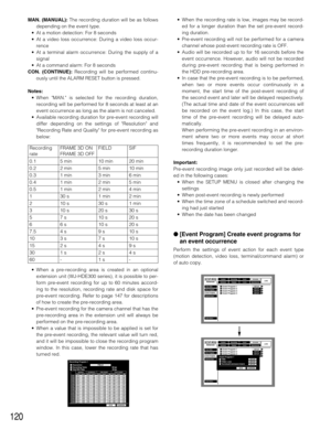 Page 120120
MAN. (MANUAL):The recording duration will be as follows
depending on the event type.
•At a motion detection: For 8 seconds
•At a video loss occurrence: During a video loss occur-
rence
•At a terminal alarm occurrence: During the supply of a
signal
•At a command alarm: For 8 seconds 
CON. (CONTINUE):Recording will be performed continu-
ously until the ALARM RESET button is pressed.
Notes:
•When MAN. is selected for the recording duration,
recording will be performed for 8 seconds at least at an
event...