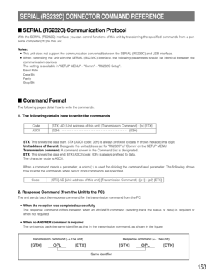 Page 153153
SERIAL (RS232C) Communication Protocol
With the SERIAL (RS232C) interface, you can control functions of this unit by transferring the specified commands from a per-
sonal computer (PC) to this unit.
Notes:
•This unit does not support the communication converted between the SERIAL (RS232C) and USB interface.
•When controlling the unit with the SERIAL (RS232C) interface, the following parameters should be identical between the
communication devices.
The setting is available in SETUP MENU – Comm –...