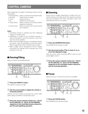 Page 4545
CONTROL CAMERAS
When displaying live images, the following camera controls
are possible.
• Panning/Tilting: Moves a camera horizontally/vertically.
• Zooming: Zooms in/out on images.
• Focus: Adjusts the focus.
• Iris: Adjusts the iris of the lens.
• Preset Action: Moves a camera to the preset position
registered in advance.
• Auto Function: Moves a camera with an auto function
set in advance.
Notes:
• Controlling cameras is possible only when displaying
images on a single screen.
• Depending on...