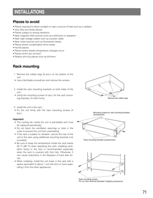 Page 7171
Places to avoid
• Places exposed to direct sunlight or near a source of heat such as a radiator
• Very dirty and dusty places
• Places subject to strong vibrations
• Near magnetic field sources such as a television or speakers
• Near high-voltage cables such as a power cable
• Near noise sources such as fluorescent lamps
• Places where condensation forms easily
• Humid places
• Places where drastic temperature changes occur
• Places which are not level
• Steamy and oily places such as kitchens
Rack...