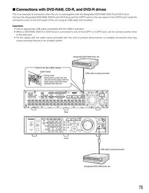 Page 7575
 Connections with DVD-RAM, CD-R, and DVD-R drives
This is an example of connection when the unit is used together with the designated DVD-RAM, DVD-R and CD-R drive.
Connect the designated DVD-RAM, DVD-R and CD-R drive and the COPY1 port on the rear panel or the COPY2 port inside the
connectors cover on the front panel of this unit using an USB cable (not included).
Important:
•Use an appropriate USB cable compatible with the USB2.0 standard.
•When a DVD-RAM, DVD-R or CD-R drive is connected to one of...