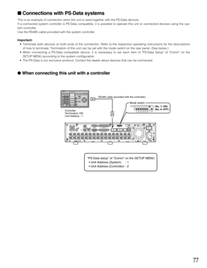 Page 7777
 Connections with PS·Data systems
This is an example of connection when the unit is used together with the PS·Data devices.
If a connected system controller is PS·Data compatible, it is possible to operate this unit or connected devices using the sys-
tem controller.
Use the RS485 cable provided with the system controller.
Important:
•Terminate both devices on both ends of the connection. Refer to the respective operating instructions for the descriptions
of how to terminate. Termination of this unit...