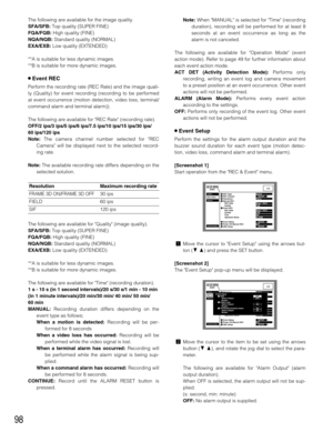 Page 9898
The following are available for the image quality.
SFA/SFB:Top quality (SUPER FINE)
FQA/FQB:High quality (FINE)
NQA/NQB:Standard quality (NORMAL)
EXA/EXB:Low quality (EXTENDED)
**A is suitable for less dynamic images.
**B is suitable for more dynamic images.
8Event REC
Perform the recording rate (REC Rate) and the image quali-
ty (Quality) for event recording (recording to be performed
at event occurrence (motion detection, video loss, terminal/
command alarm and terminal alarm)).
The following are...