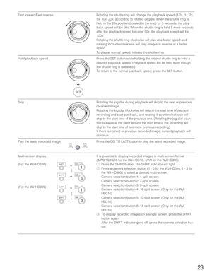 Page 2323
Fast forward/Fast reverse Rotating the shuttle ring will change the playback speed (1/2x, 1x, 2x,
5x, 10x, 20x) according to rotated degree. When the shuttle ring is
held in the 20x position (rotated to the end) for 5 seconds, the play-
back speed will be 50x. When the shuttle ring is held 5 more seconds
after the playback speed became 50x, the playback speed will be
100x.
Rotating the shuttle ring clockwise will play at a faster speed and
rotating it counterclockwise will play images in reverse at a...