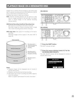 Page 2525
Images from a camera will be recorded on the built-in hard
disk or external recording devices (DVD-RAM drive, DVD-R
drive or CD-R drive) connected to this unit.
Available disk space or disks are as follows.
Note:External recording devices can be used as a copy
area for images recorded on the hard disk. It is impos-
sible to record images on the external recording
devices directly.
HDD Normal Recording Area/Event Recording Area:
Disk space for recording on the built-in hard disk
Recorded images by...