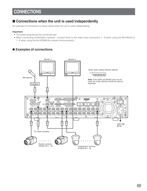 Page 6969
■Connections when the unit is used independently
An example of connections is shown below when the unit is used independently.
Important:
•The power plug should be connected last.
•When connecting combination cameras , connect them to the video input connectors 1 - 8 when using the WJ-HD316 or
1- 6 when using the WJ-HD309 (for coaxial communication).
● Examples of connections
CONNECTIONS
MicrophoneNote: If the DATA and RS485 ports are not 
used, the mode switches should be used as 
illustrated.
1 2...