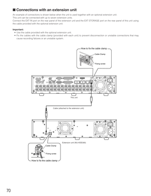 Page 7070
■ Connections with an extension unit
An example of connections is shown below when the unit is used together with an optional extension unit.
This unit can be connected with up to seven extension units.
Connect the EXT IN port on the rear panel of the extension unit and the EXT STORAGE port on the rear panel of this unit using
the cable provided with the optional extension unit.
Important:
•Use the cable provided with the optional extension unit.
•Fix the cables with the cable clamp (provided with...