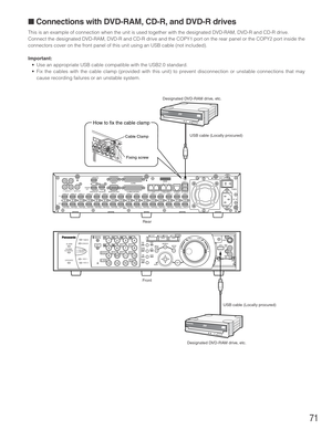 Page 7171
■ Connections with DVD-RAM, CD-R, and DVD-R drives
This is an example of connection when the unit is used together with the designated DVD-RAM, DVD-R and CD-R drive.
Connect the designated DVD-RAM, DVD-R and CD-R drive and the COPY1 port on the rear panel or the COPY2 port inside the
connectors cover on the front panel of this unit using an USB cable (not included).
Important:
•Use an appropriate USB cable compatible with the USB2.0 standard.
•Fix the cables with the cable clamp (provided with this...