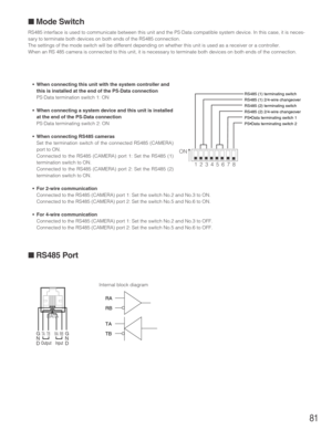 Page 8181
■ Mode Switch
RS485 interface is used to communicate between this unit and the PS·Data compatible system device. In this case, it is neces-
sary to terminate both devices on both ends of the RS485 connection.
The settings of the mode switch will be different depending on whether this unit is used as a receiver or a controller.
When an RS 485 camera is connected to this unit, it is necessary to terminate both devices on both ends of the connection.
•When connecting this unit with the system controller...