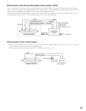 Page 8585
● Connection with the Uninterruptible Power System (UPS)
This is an example of connection with the uninterruptible power system (UPS) to be installed to protect from a power outage.
When a signal is supplied to the outage detection I/O terminals from the uninterruptible power system (UPS), internal process-
ing (stops recording safely) will be started to shut off the power supply for this unit.
After completing the internal processing, a signal will be supplied from the outage processing end output...