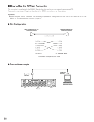 Page 8888
■How to Use the SERIAL Connector
This connector is compliant with the RS232C Standard, and is used to communicate with a connected PC.
A connection example and the pin configuration of the SERIAL connector are as shown below.
Important:
•When using the SERIAL connector, it is necessary to perform the settings with RS232C Setup of Comm on the SETUP
MENU for the communication functions. (Page 117)
●Pin Configuration
●Connection example
1 2
IN
OUT
CASCADE
OUT
16 16 315 1514
1413
2 113
12 1211
1110
109...