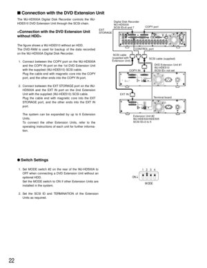 Page 2222
 Switch Settings
1. Set MODE switch #2 on the rear of the WJ-HD500A to
OFF when connecting a DVD Extension Unit without an
optional HDD.
Set the MODE switch to ON if other Extension Units are
installed in the system.
2. Set the SCSI ID and TERMINATION of the Extension
Units as required.
Connection with the DVD Extension Unit
The WJ-HD500A Digital Disk Recorder controls the WJ-
HDE510 DVD Extension Unit through the SCSI chain.

The figure shows a WJ-HDE510 without an HDD.
The DVD-RAM is used for...