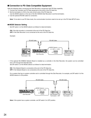 Page 2424
 Connection to PS•Data Compatible Equipment
Note the following when connecting the Disk Recorder to equipment with PS•Data capability.
qConnect the controller and PS
•Data equipment at the ends of the PS•Data line.
wSet the termination to ON for the units at both ends of the PS
•Data line.
Use the MODE selector on the rear of the WJ-HD500A Disk Recorder to set the termination.
eUse the optional RS-485 cable for connection.
Note:To be able to use PS
•Data mode, the communication functions need to be...