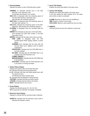Page 3536
rWarning Display
Displays the status in case of Disk Recorder trouble.
THERMAL ✽:Indicates thermal error in the Disk
Recorder or the extension units.
(✽indicates the extension unit number)
HDD ✽✽%:Is displayed when the remaining space of
the Hard Disk reaches a specified value.
(✽✽indicates the remaining capacity.)
DISK FULL:Is displayed when the remaining space of
the Hard Disk reaches 0 %.
DVD ✽✽%:Indicates the remaining space of the DVD-
RAM Disk. (✽✽indicates the remaining capacity.)
ALTERED:Is...